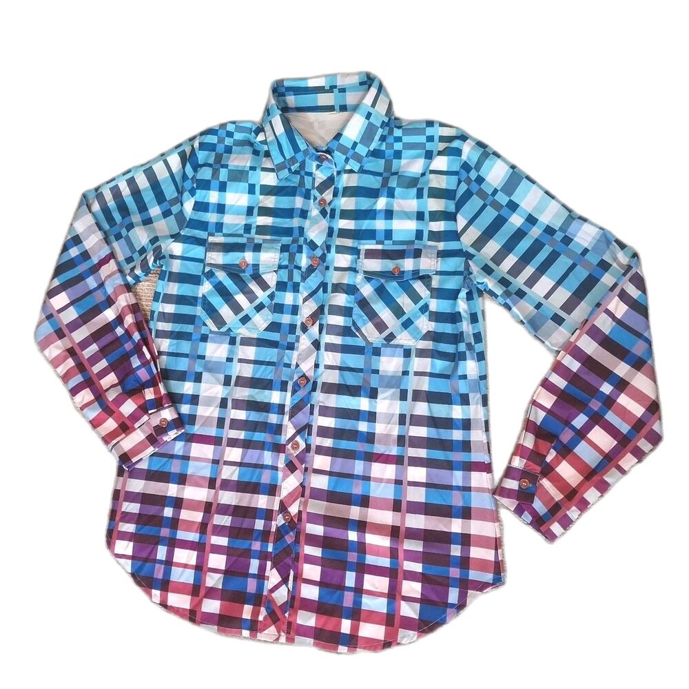 ​WOMENS MEDIUM OMBRE PLAID BUTTON DOWN SHIRT BLUE PURPLE GRADIENT LONG SLEEVE